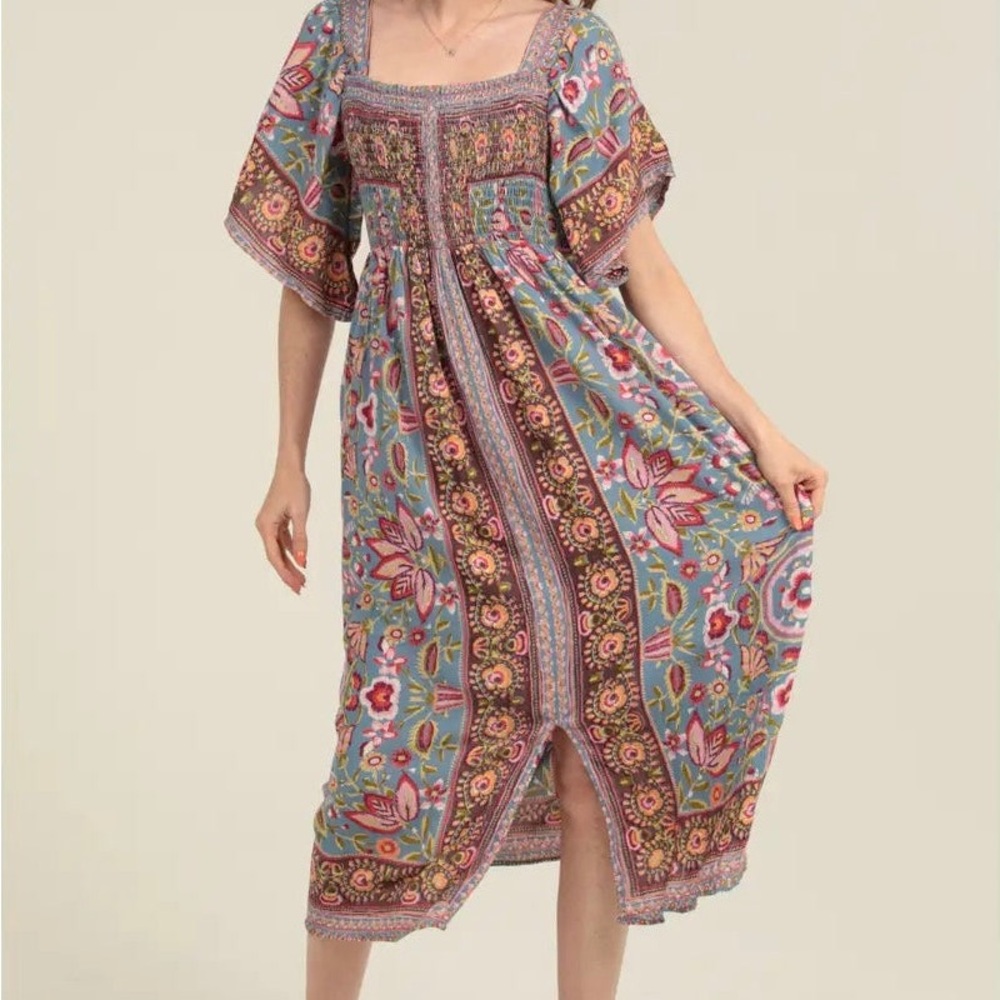 Angie Ruffle Sleeve Boho Smocked Midi Dress